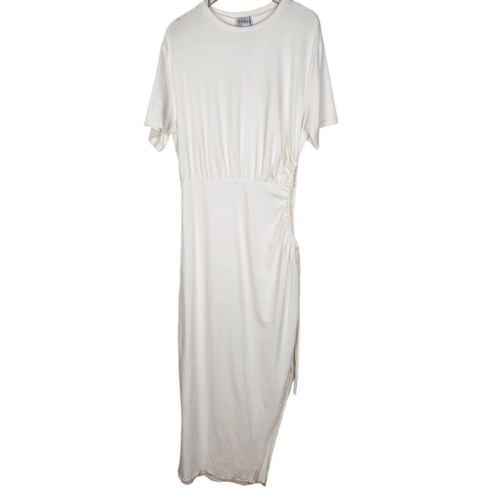 SNDYS Lola Maxi Dress Womens Medium White Ruched T Shirt Short Sleeve